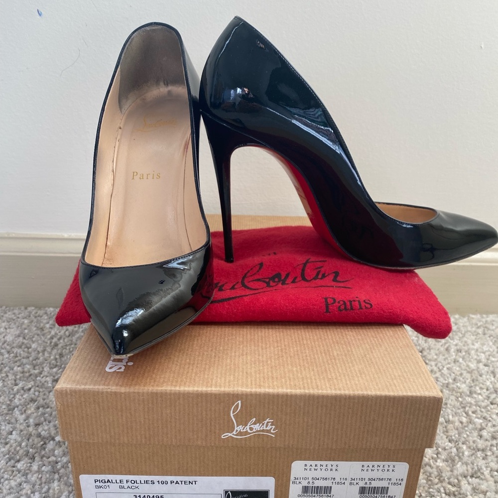 Louboutin Pigalle Follies - Black Patent Pumps 38.5